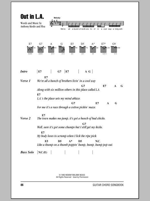 Red Hot Chili Peppers Out In L.A. Sheet Music Notes & Chords for Lyrics & Chords - Download or Print PDF