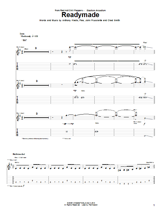 Red Hot Chili Peppers Readymade Sheet Music Notes & Chords for Bass Guitar Tab - Download or Print PDF