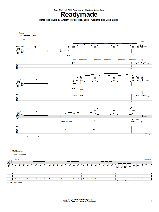 Red Hot Chili Peppers Readymade Sheet Music Notes & Chords for Guitar Tab - Download or Print PDF