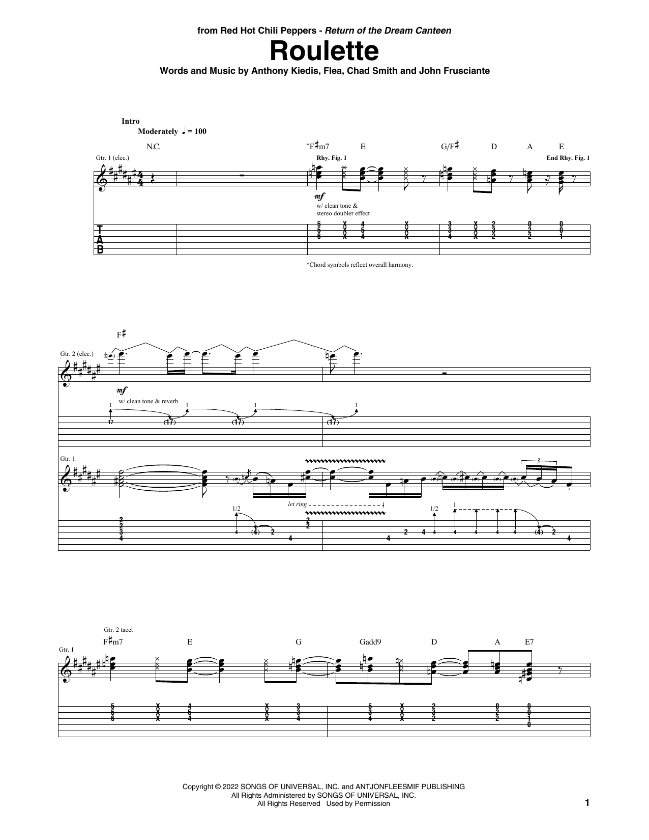 Red Hot Chili Peppers Roulette Sheet Music Notes & Chords for Guitar Tab - Download or Print PDF