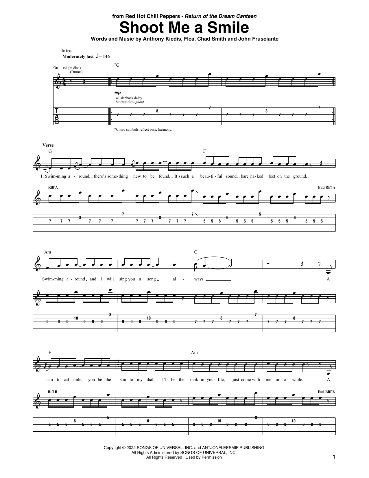 Red Hot Chili Peppers Shoot Me A Smile Sheet Music Notes & Chords for Guitar Tab - Download or Print PDF