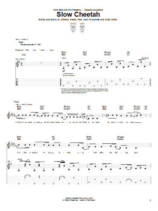 Red Hot Chili Peppers Slow Cheetah Sheet Music Notes & Chords for Guitar Tab - Download or Print PDF