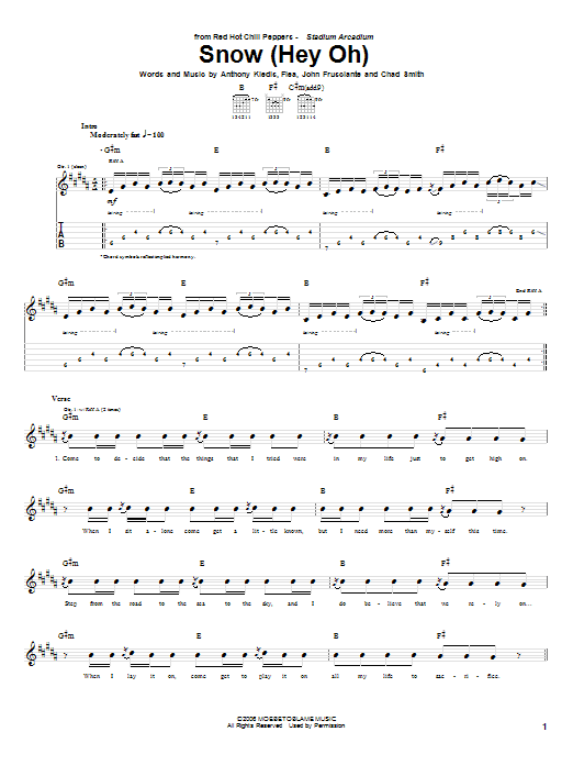 Red Hot Chili Peppers Snow (Hey Oh) Sheet Music Notes & Chords for Guitar Tab (Single Guitar) - Download or Print PDF