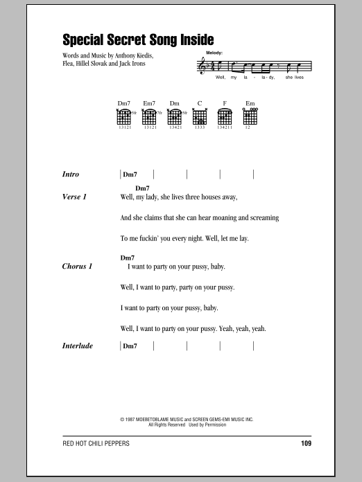 Red Hot Chili Peppers Special Secret Song Inside Sheet Music Notes & Chords for Lyrics & Chords - Download or Print PDF