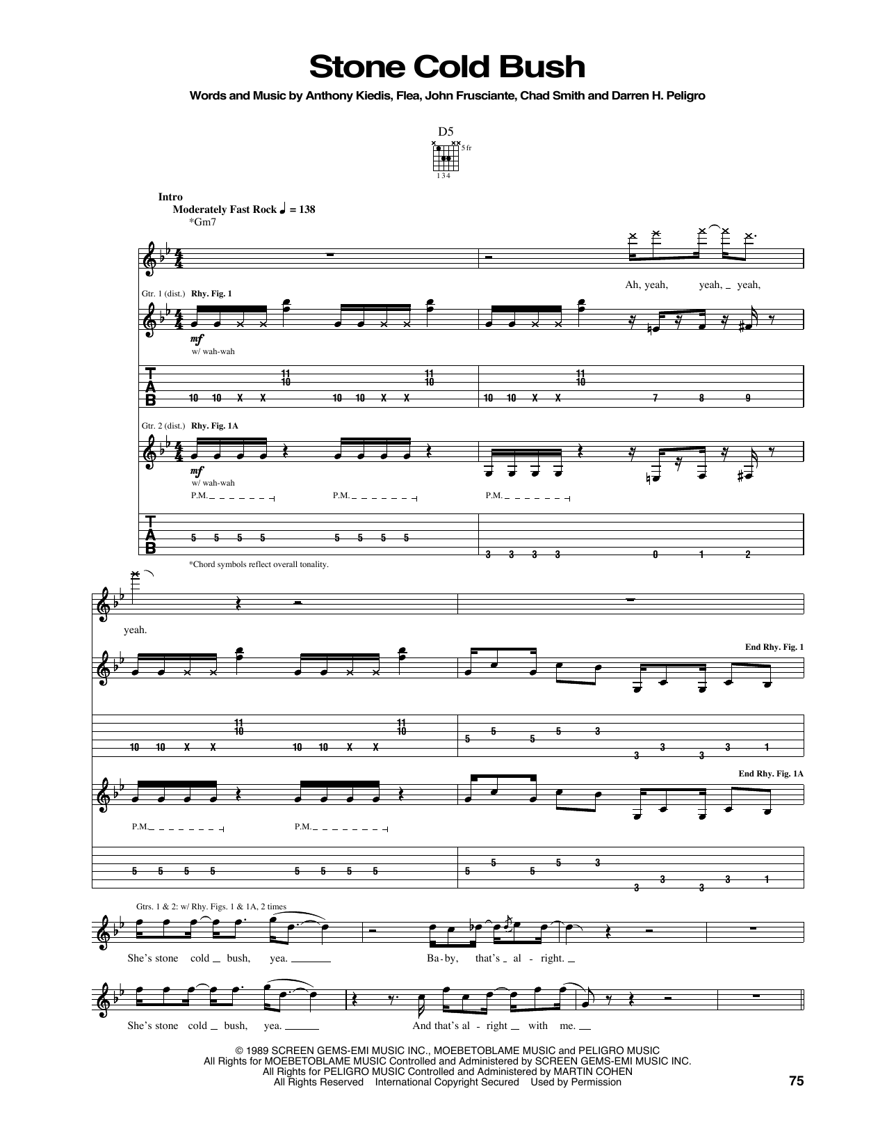 Red Hot Chili Peppers Stone Cold Bush Sheet Music Notes & Chords for Guitar Tab - Download or Print PDF