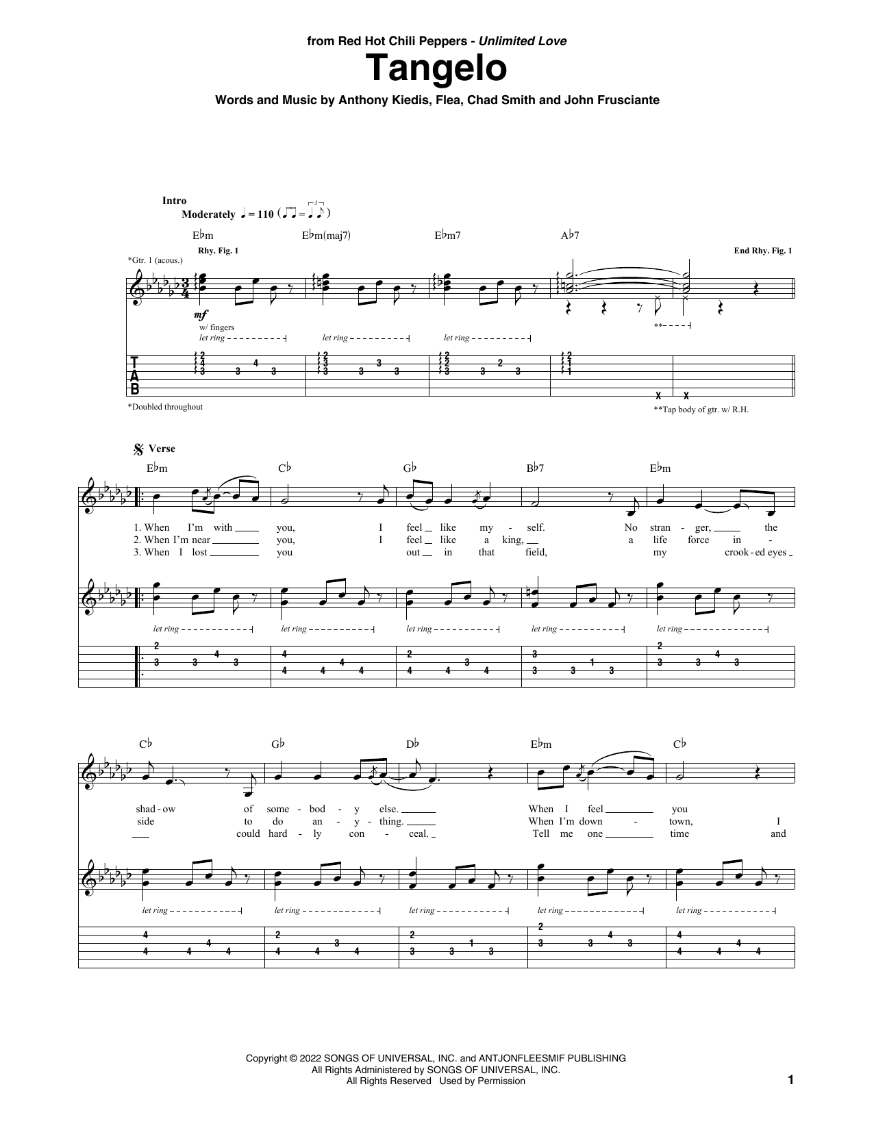 Red Hot Chili Peppers Tangelo Sheet Music Notes & Chords for Bass Guitar Tab - Download or Print PDF
