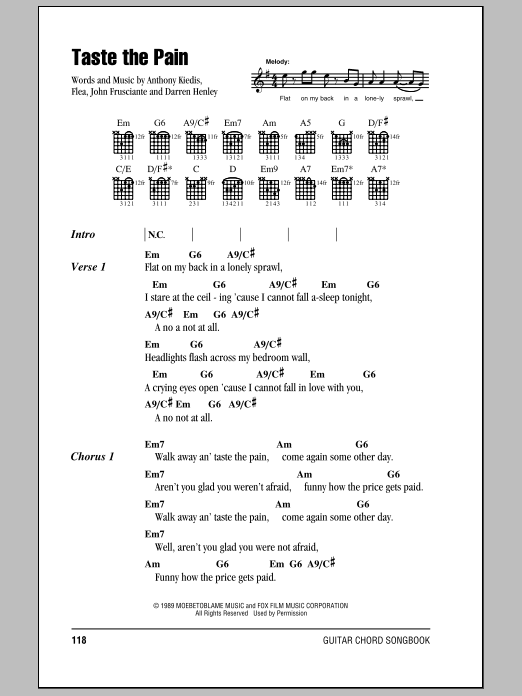 Red Hot Chili Peppers Taste The Pain Sheet Music Notes & Chords for Lyrics & Chords - Download or Print PDF