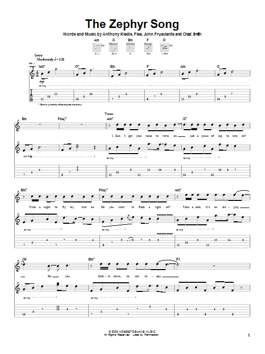 Red Hot Chili Peppers The Zephyr Song Sheet Music Notes & Chords for Guitar Tab (Single Guitar) - Download or Print PDF
