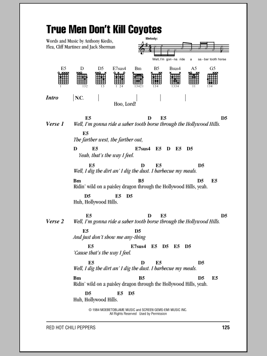 Red Hot Chili Peppers True Men Don't Kill Coyotes Sheet Music Notes & Chords for Lyrics & Chords - Download or Print PDF