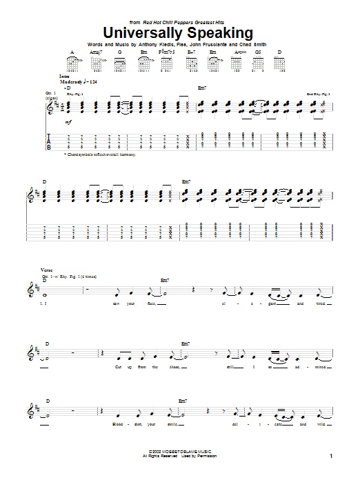 Red Hot Chili Peppers Universally Speaking Sheet Music Notes & Chords for Easy Guitar Tab - Download or Print PDF