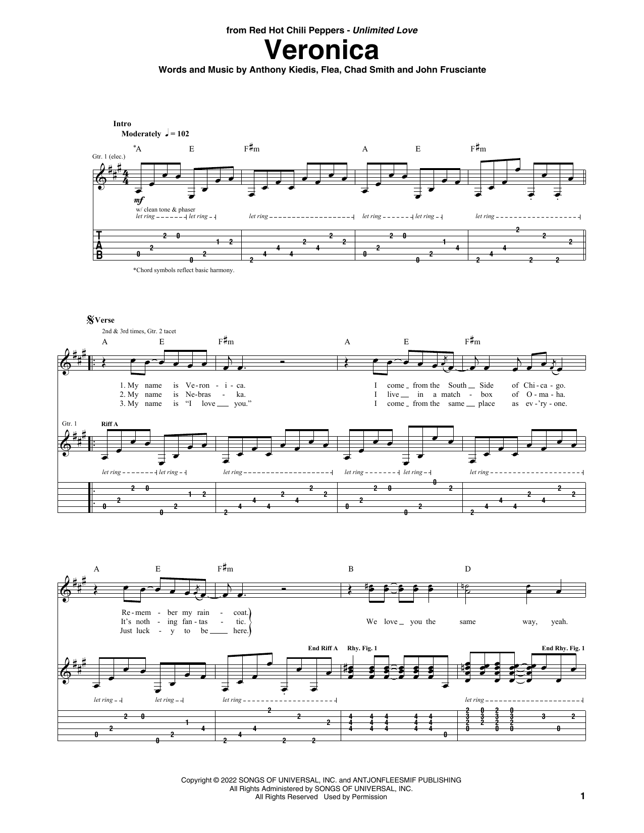 Red Hot Chili Peppers Veronica Sheet Music Notes & Chords for Bass Guitar Tab - Download or Print PDF