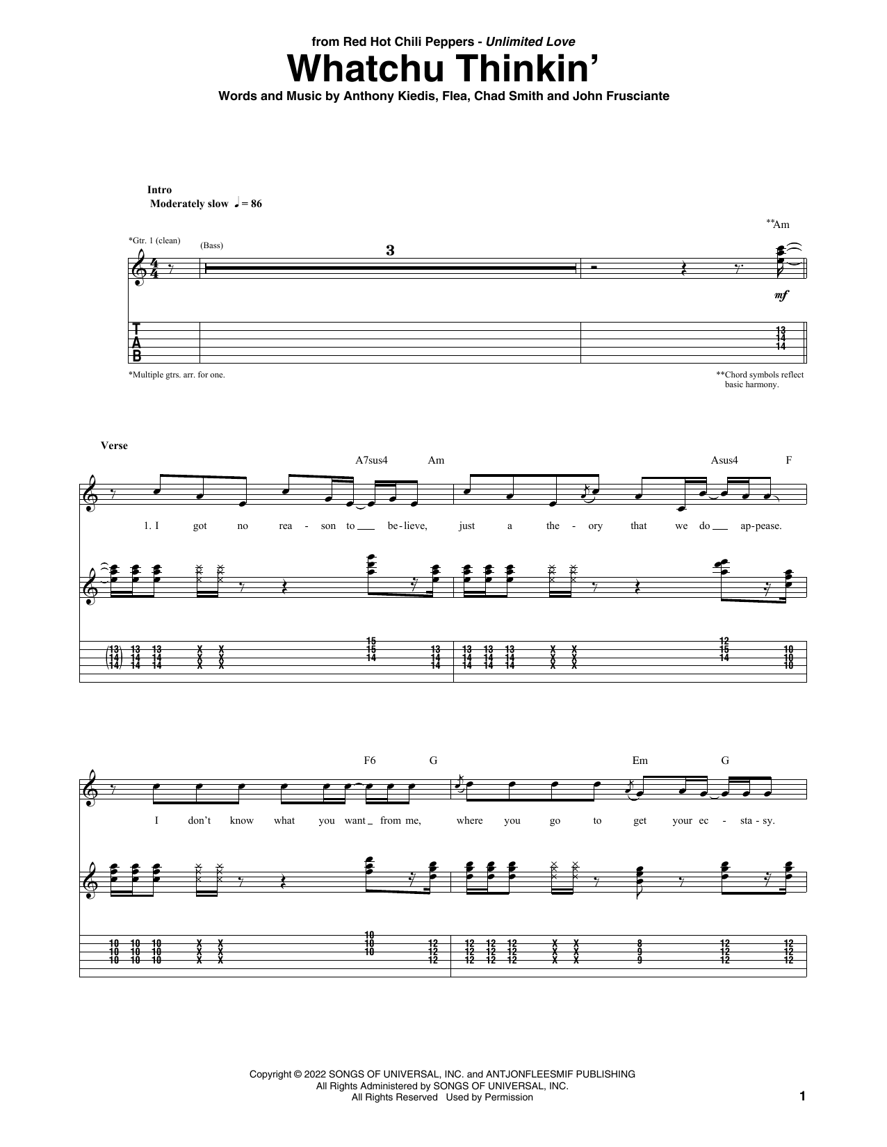 Red Hot Chili Peppers Whatchu Thinkin' Sheet Music Notes & Chords for Guitar Tab - Download or Print PDF