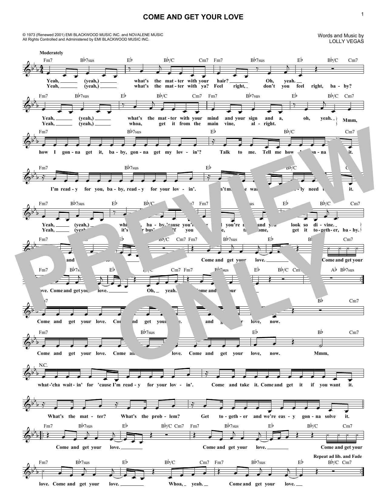 Redbone Come And Get Your Love Sheet Music Notes & Chords for Melody Line, Lyrics & Chords - Download or Print PDF