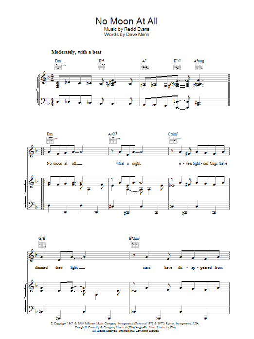 Redd Evans No Moon At All Sheet Music Notes & Chords for Piano, Vocal & Guitar (Right-Hand Melody) - Download or Print PDF Redd Evans No Moon At All Sheet Music Notes & Chords for Piano, Vocal & Guitar (Right-Hand Melody) - Download or Print PDF