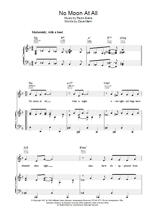 Redd Evans No Moon At All Sheet Music Notes & Chords for Piano, Vocal & Guitar (Right-Hand Melody) - Download or Print PDF