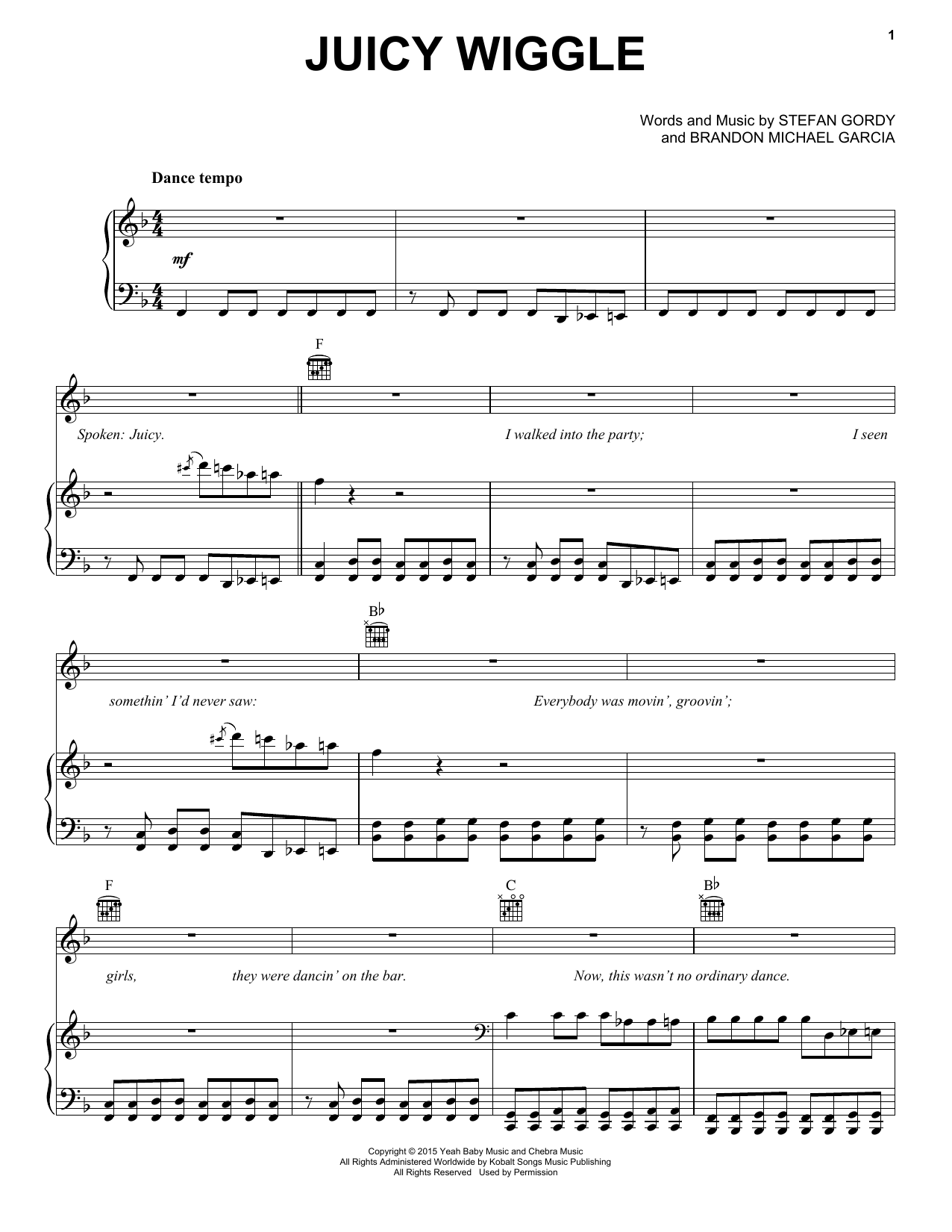 Redfoo Juicy Wiggle Sheet Music Notes & Chords for Piano, Vocal & Guitar (Right-Hand Melody) - Download or Print PDF