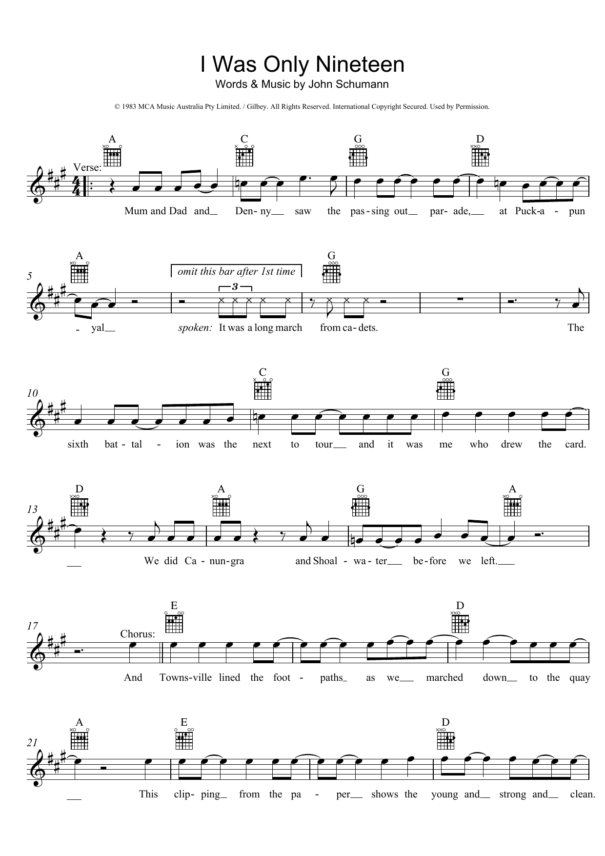Redgum I Was Only Nineteen Sheet Music Notes & Chords for Melody Line, Lyrics & Chords - Download or Print PDF