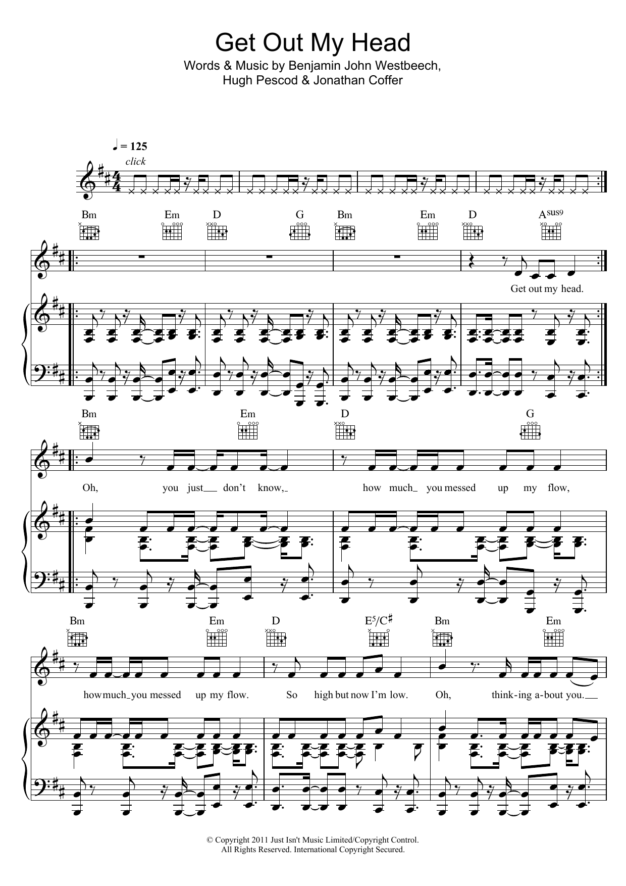 Redlight Get Out My Head Sheet Music Notes & Chords for Piano, Vocal & Guitar (Right-Hand Melody) - Download or Print PDF