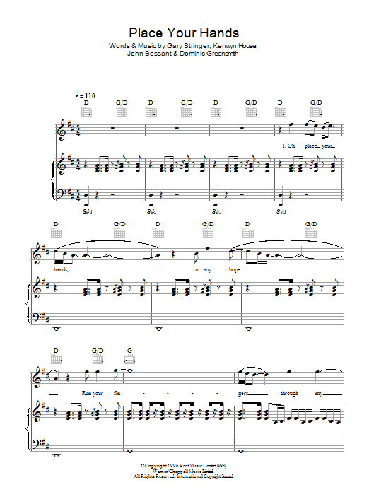 Reef Place Your Hands Sheet Music Notes & Chords for Piano, Vocal & Guitar - Download or Print PDF