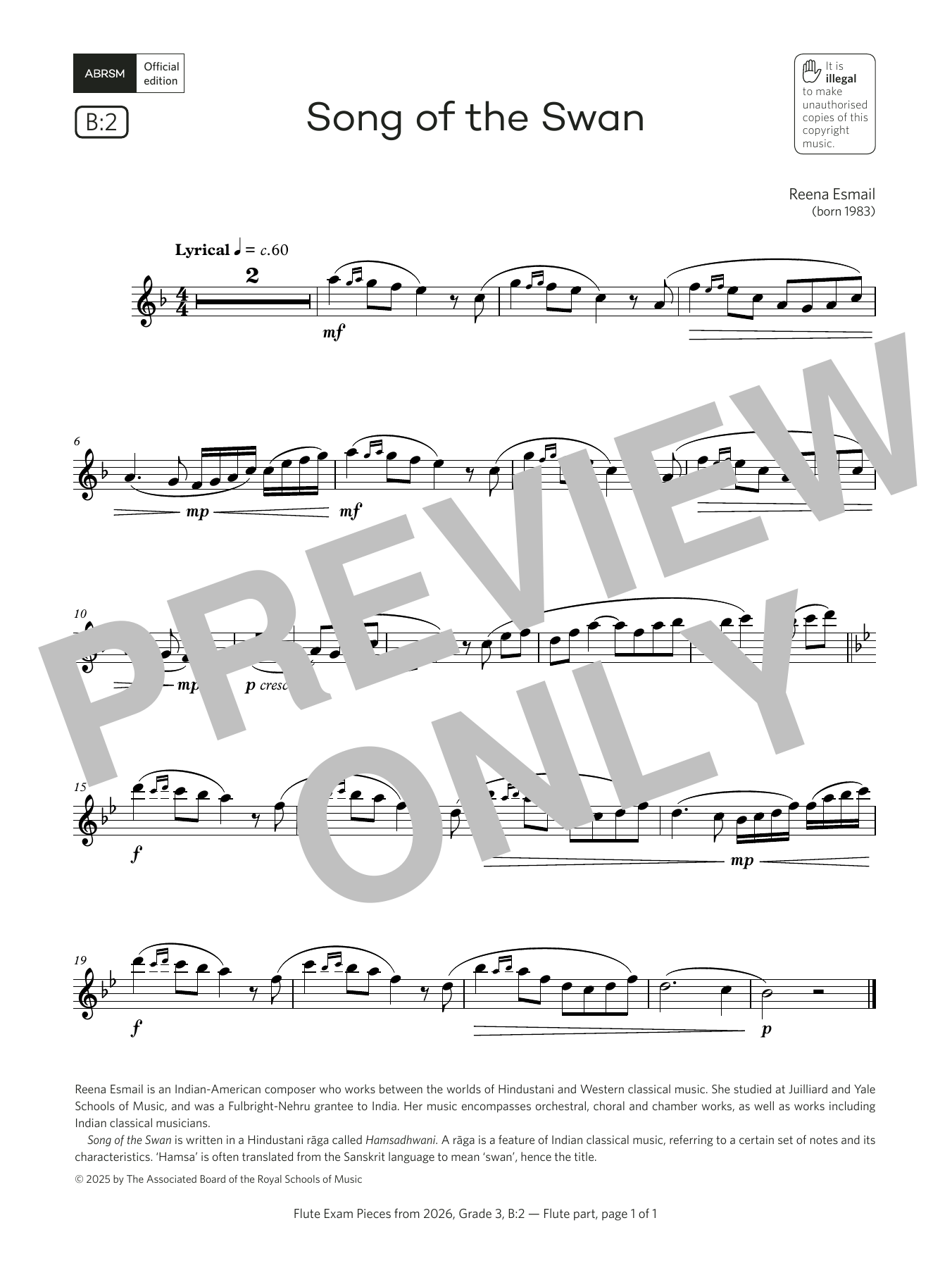 Reena Esmail Song of the Swan (Grade 3, list B2, from the ABRSM Flute Syllabus from 2026) Sheet Music Notes & Chords for Flute Solo - Download or Print PDF Reena Esmail Song of the Swan (Grade 3, list B2, from the ABRSM Flute Syllabus from 2026) Sheet Music Notes & Chords for Flute Solo - Download or Print PDF
