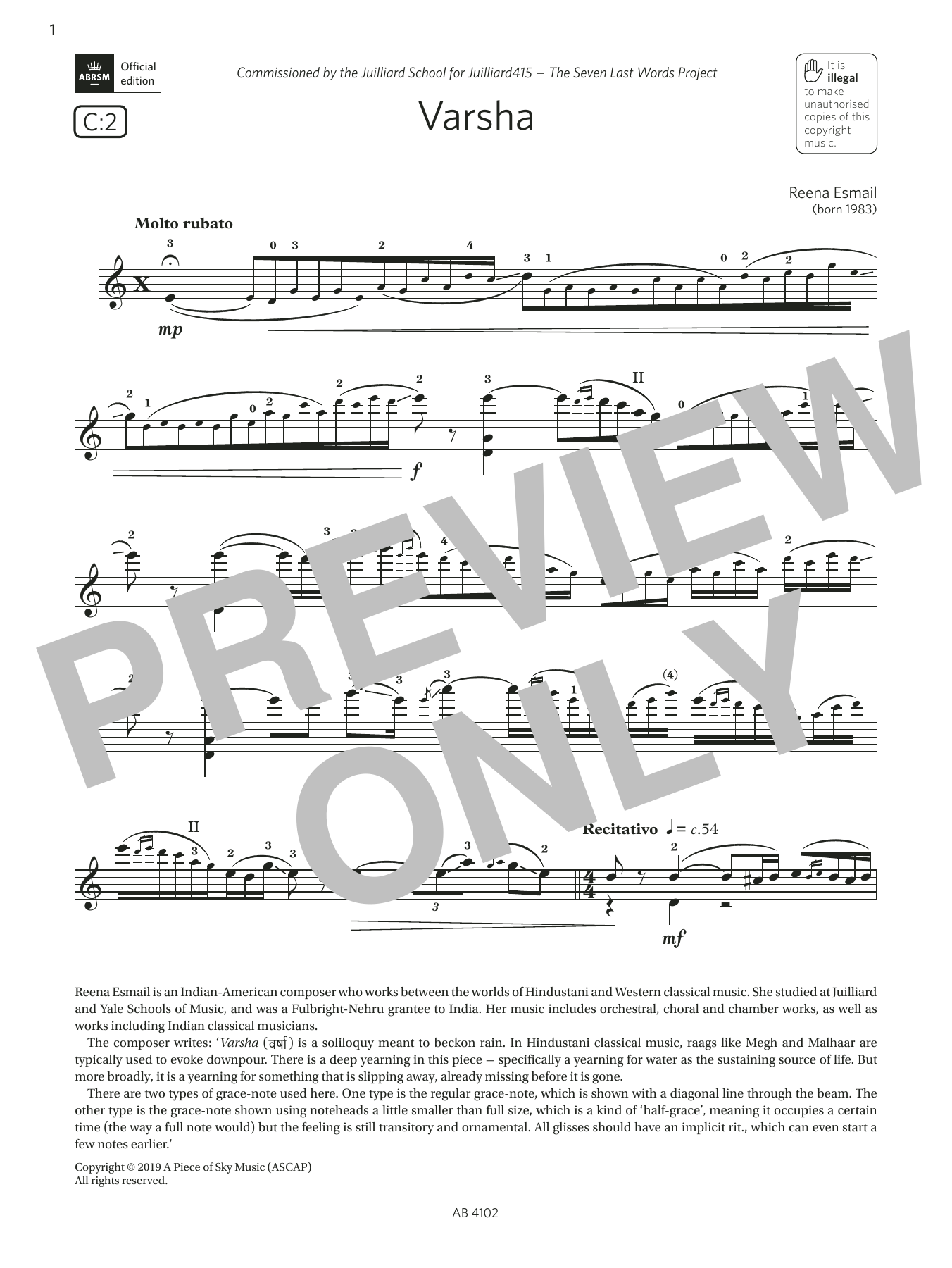 Reena Esmail Varsha (Grade 8, C2, from the ABRSM Violin Syllabus from 2024) Sheet Music Notes & Chords for Violin Solo - Download or Print PDF Reena Esmail Varsha (Grade 8, C2, from the ABRSM Violin Syllabus from 2024) Sheet Music Notes & Chords for Violin Solo - Download or Print PDF
