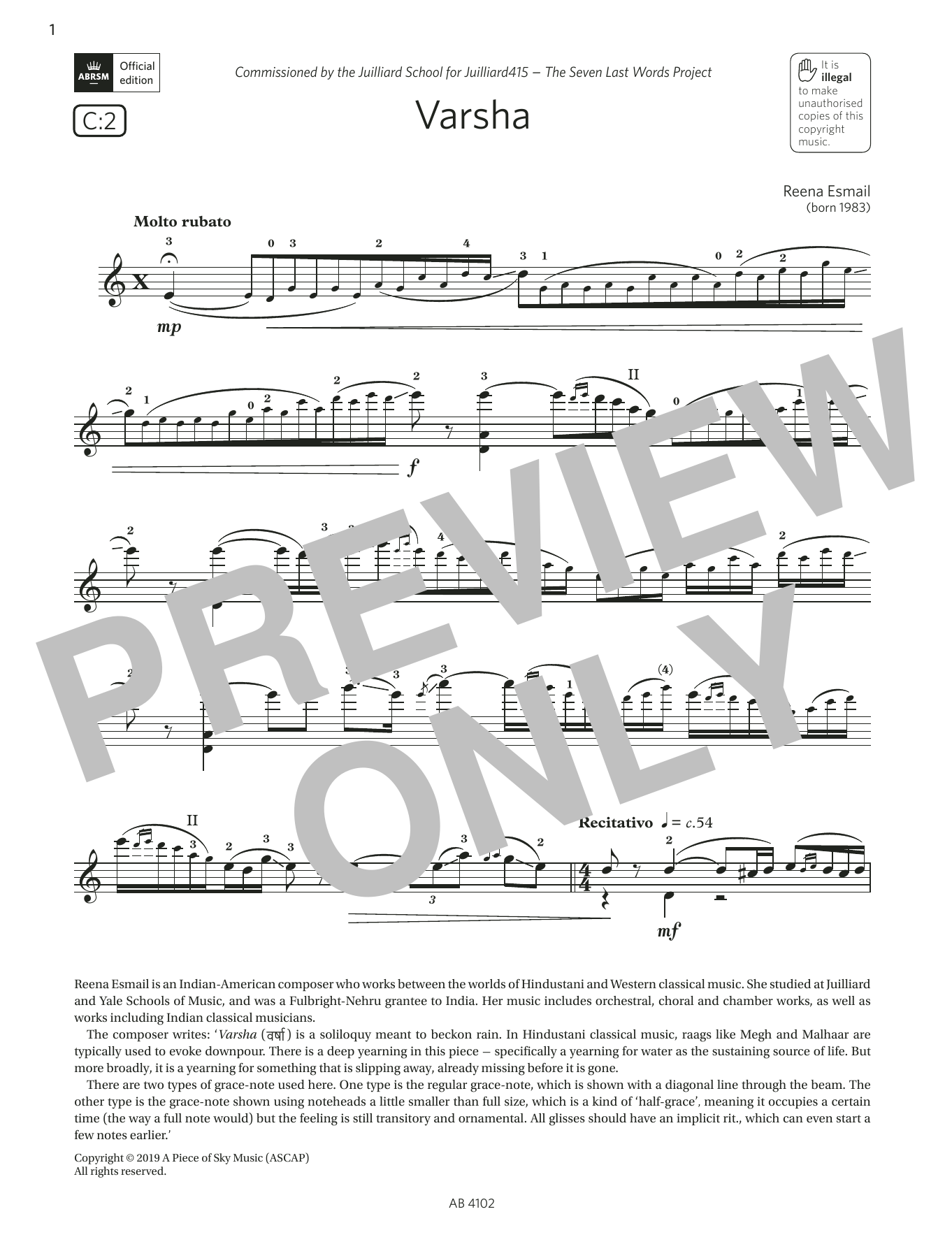 Reena Esmail Varsha (Grade 8, C2, from the ABRSM Violin Syllabus from 2024) Sheet Music Notes & Chords for Violin Solo - Download or Print PDF