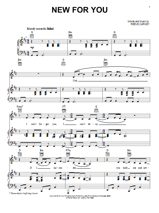 Reeve Carney New For You Sheet Music Notes & Chords for Piano, Vocal & Guitar (Right-Hand Melody) - Download or Print PDF