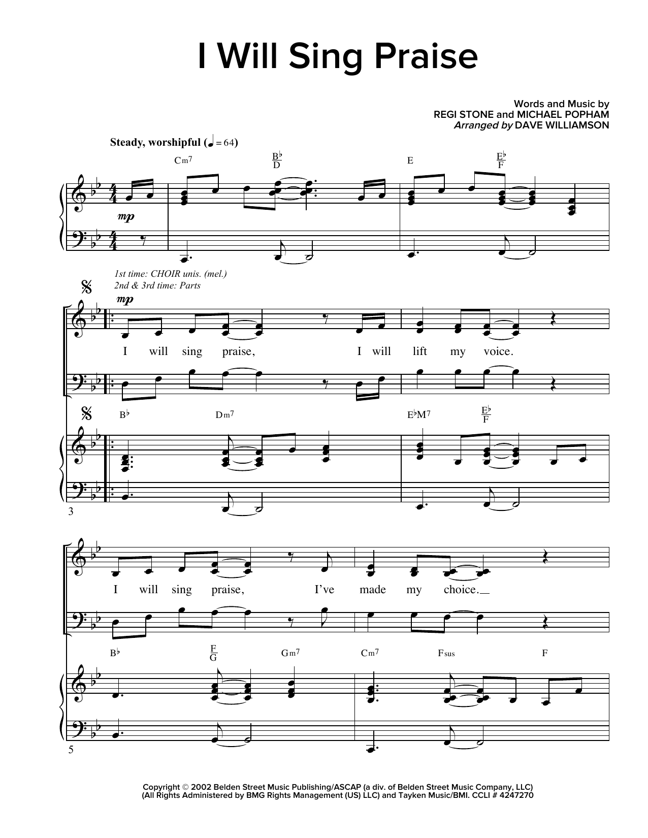 Regi Stone I Will Sing Praise (arr. Dave Williamson) Sheet Music Notes & Chords for SATB - Download or Print PDF