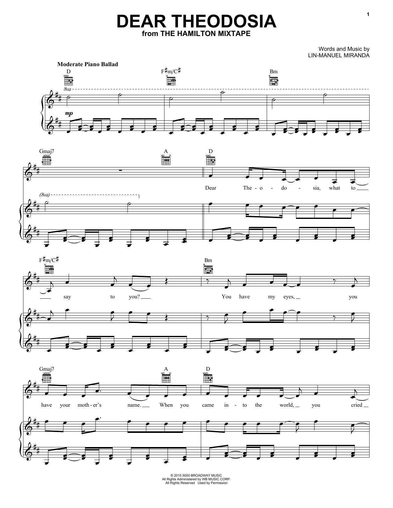Regina Spektor, Ben Folds Dear Theodosia Sheet Music Notes & Chords for Piano, Vocal & Guitar (Right-Hand Melody) - Download or Print PDF