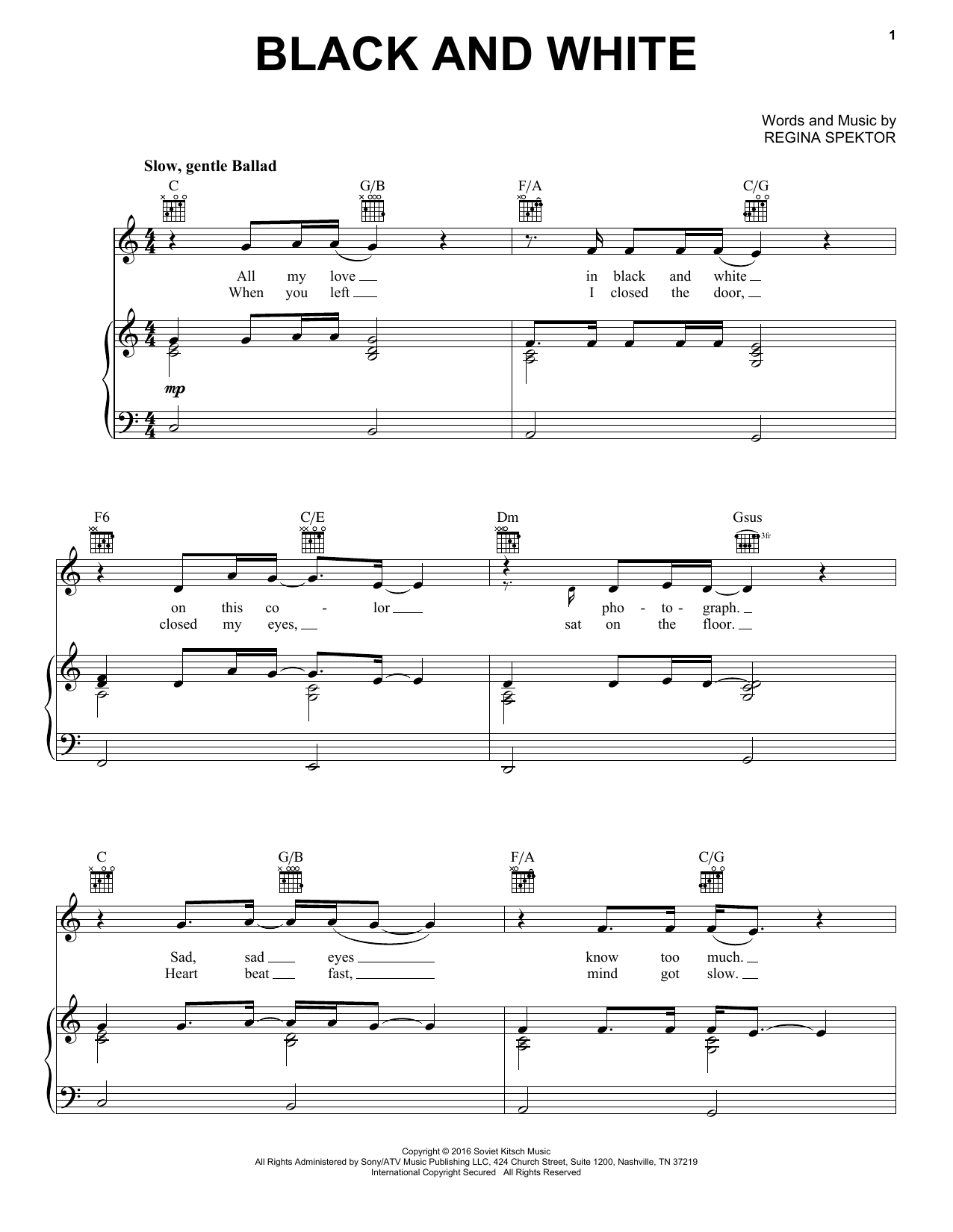 Regina Spektor Black And White Sheet Music Notes & Chords for Piano, Vocal & Guitar (Right-Hand Melody) - Download or Print PDF