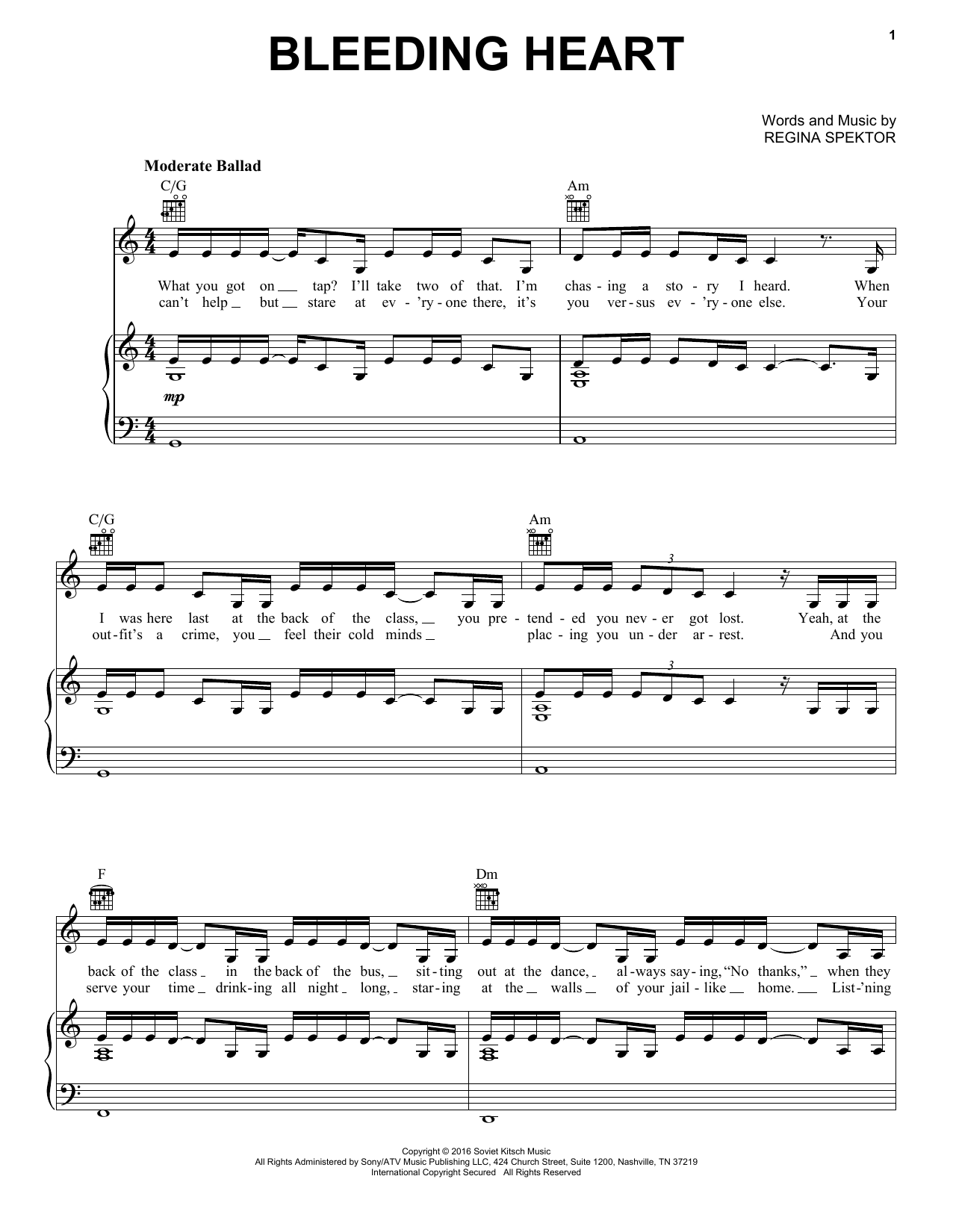 Regina Spektor Bleeding Heart Sheet Music Notes & Chords for Piano, Vocal & Guitar (Right-Hand Melody) - Download or Print PDF
