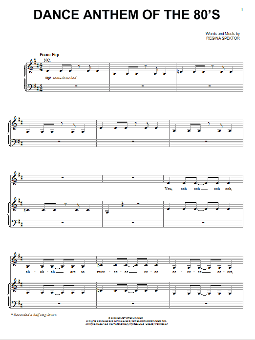 Regina Spektor Dance Anthem Of The 80's Sheet Music Notes & Chords for Piano, Vocal & Guitar (Right-Hand Melody) - Download or Print PDF