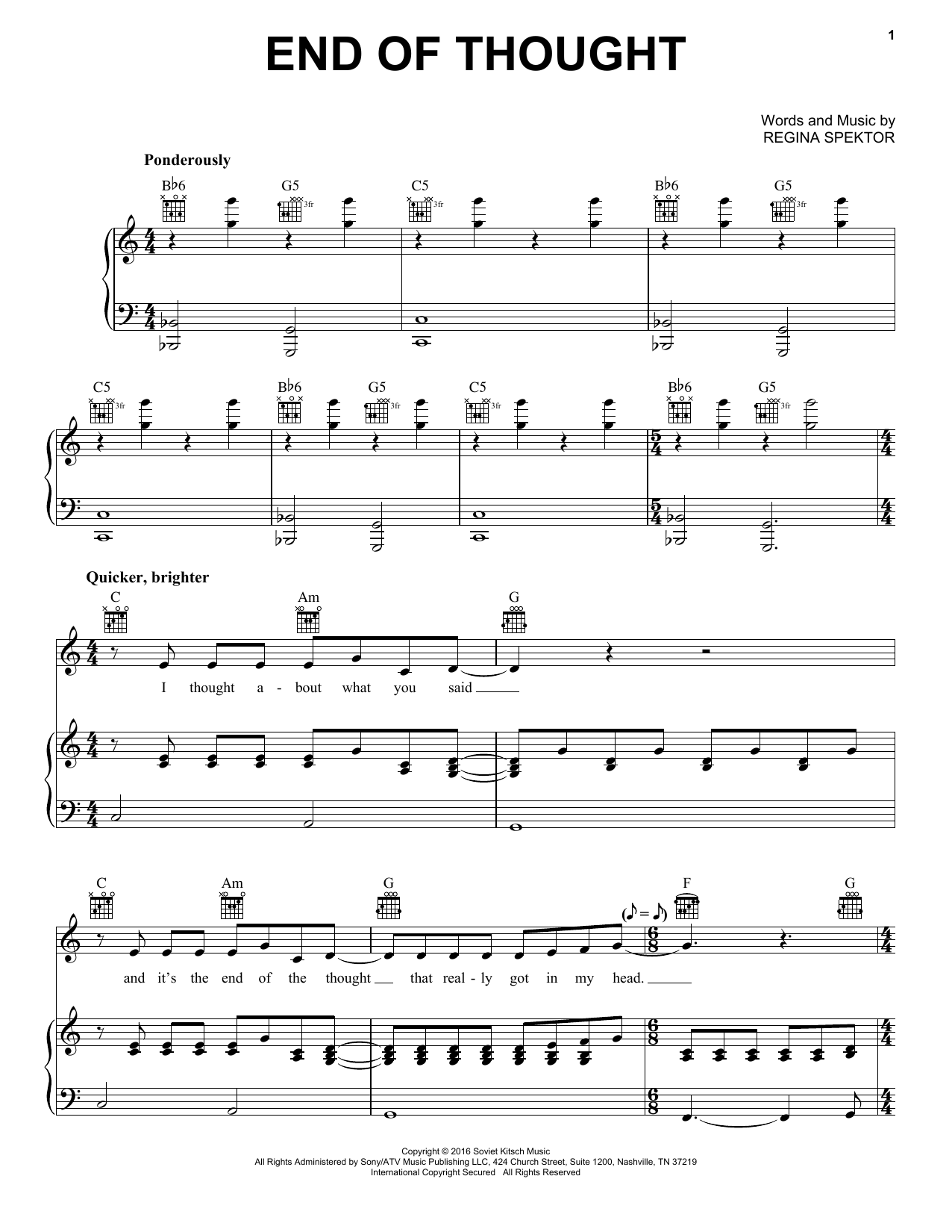 Regina Spektor End Of Thought Sheet Music Notes & Chords for Piano, Vocal & Guitar (Right-Hand Melody) - Download or Print PDF