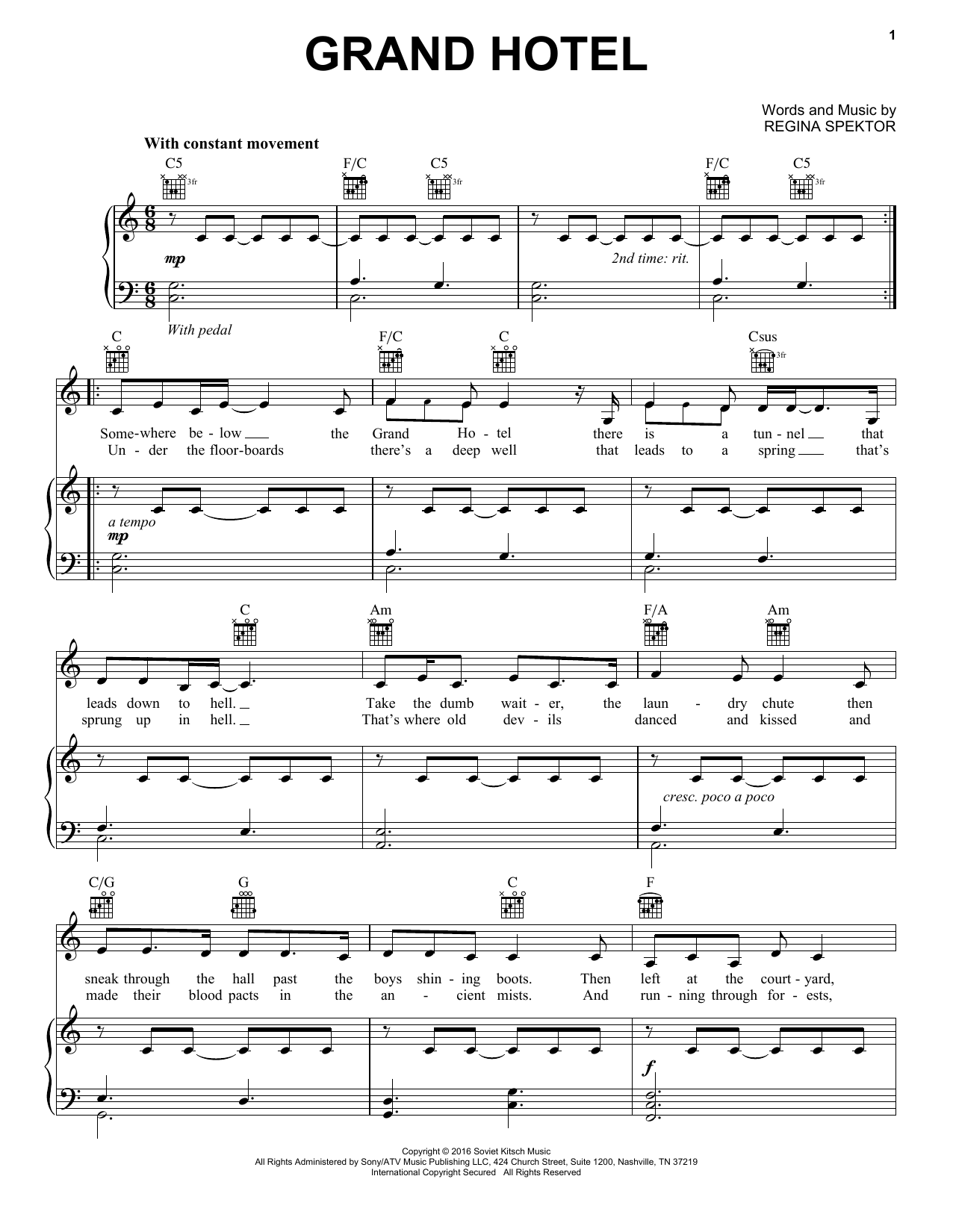 Regina Spektor Grand Hotel Sheet Music Notes & Chords for Piano, Vocal & Guitar (Right-Hand Melody) - Download or Print PDF