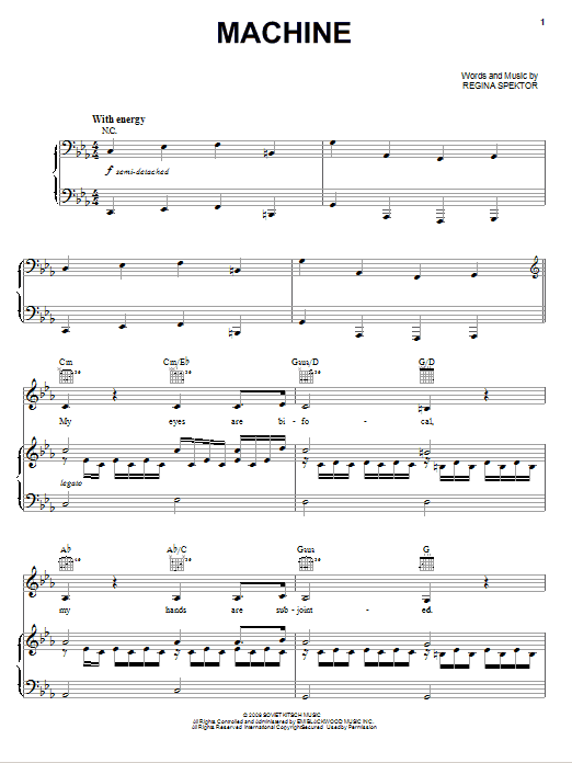 Regina Spektor Machine Sheet Music Notes & Chords for Piano, Vocal & Guitar (Right-Hand Melody) - Download or Print PDF