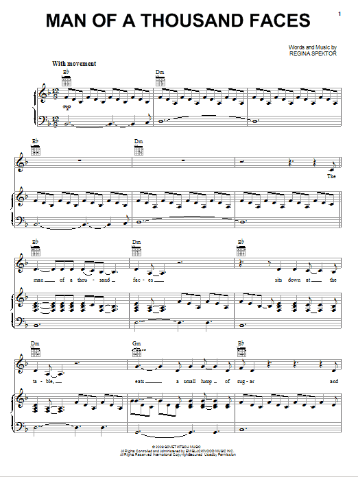 Regina Spektor Man Of A Thousand Faces Sheet Music Notes & Chords for Piano, Vocal & Guitar (Right-Hand Melody) - Download or Print PDF