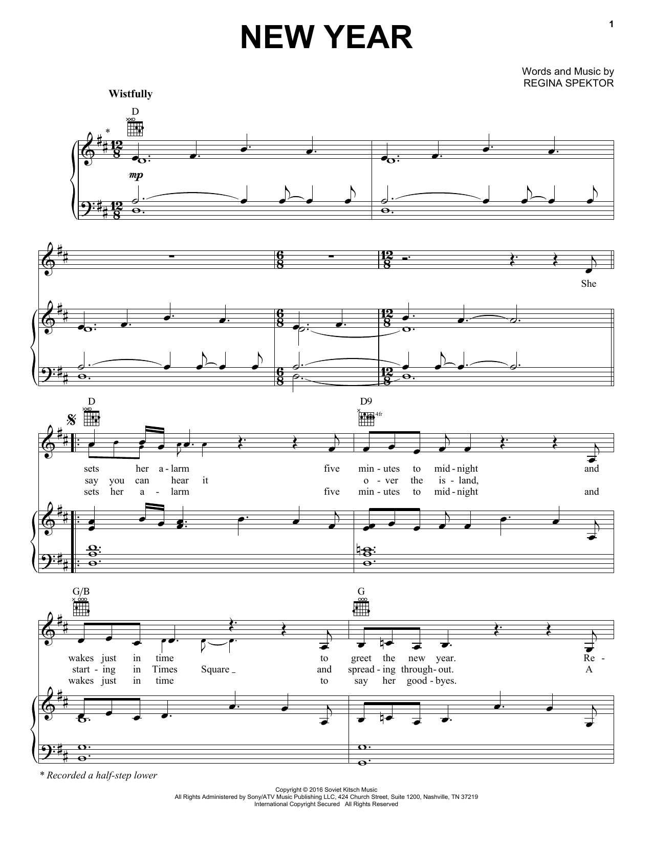 Regina Spektor New Year Sheet Music Notes & Chords for Piano, Vocal & Guitar (Right-Hand Melody) - Download or Print PDF