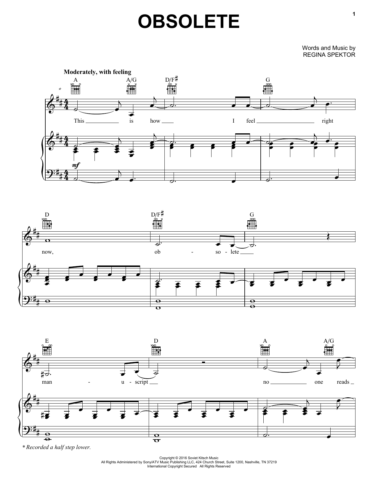 Regina Spektor Obsolete Sheet Music Notes & Chords for Piano, Vocal & Guitar (Right-Hand Melody) - Download or Print PDF