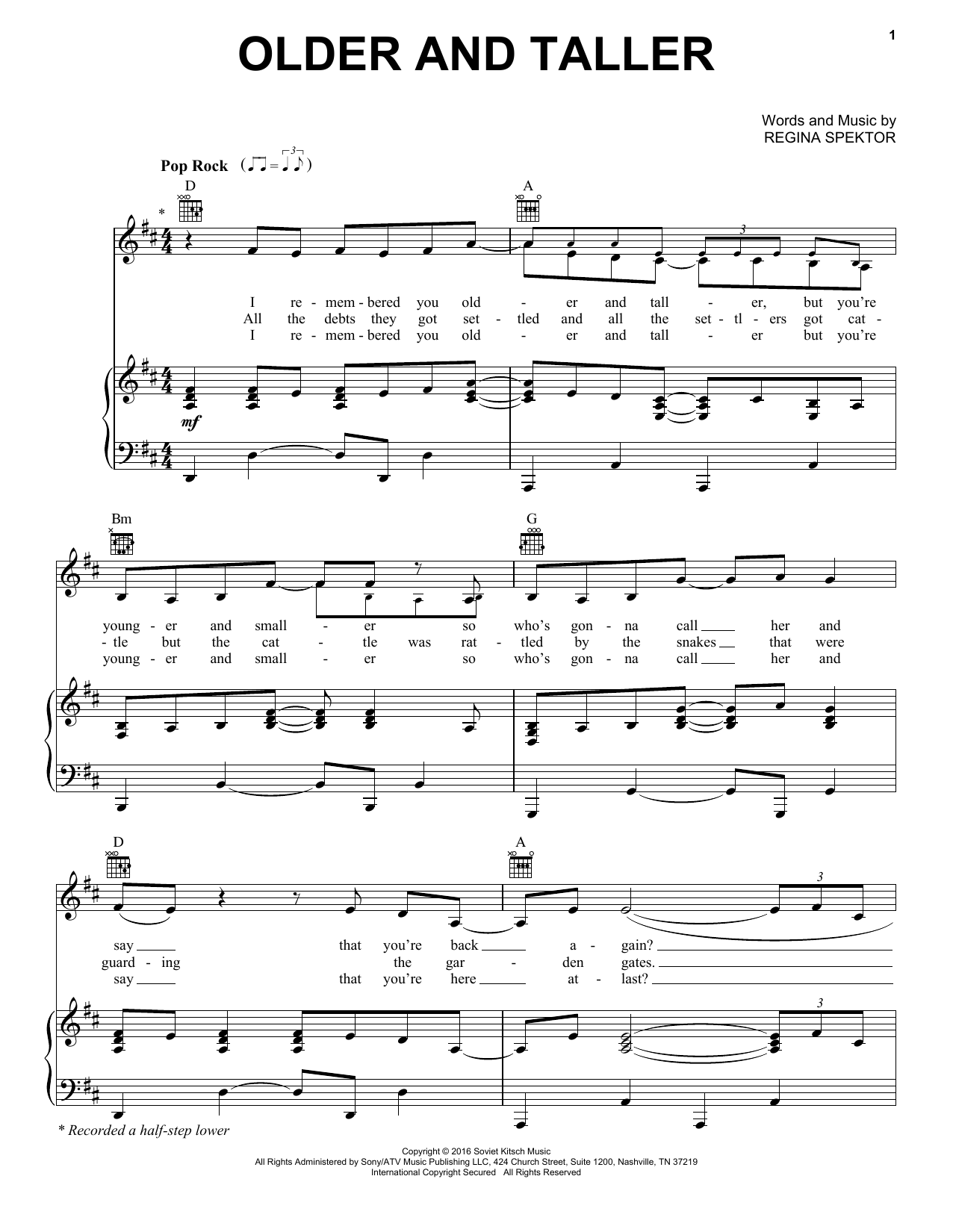 Regina Spektor Older And Taller Sheet Music Notes & Chords for Piano, Vocal & Guitar (Right-Hand Melody) - Download or Print PDF