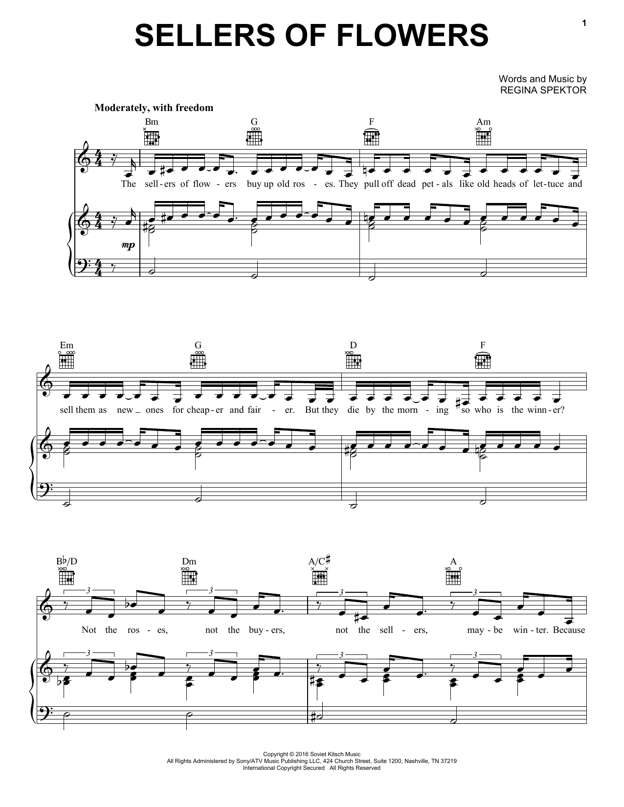 Regina Spektor Sellers Of Flowers Sheet Music Notes & Chords for Piano, Vocal & Guitar (Right-Hand Melody) - Download or Print PDF