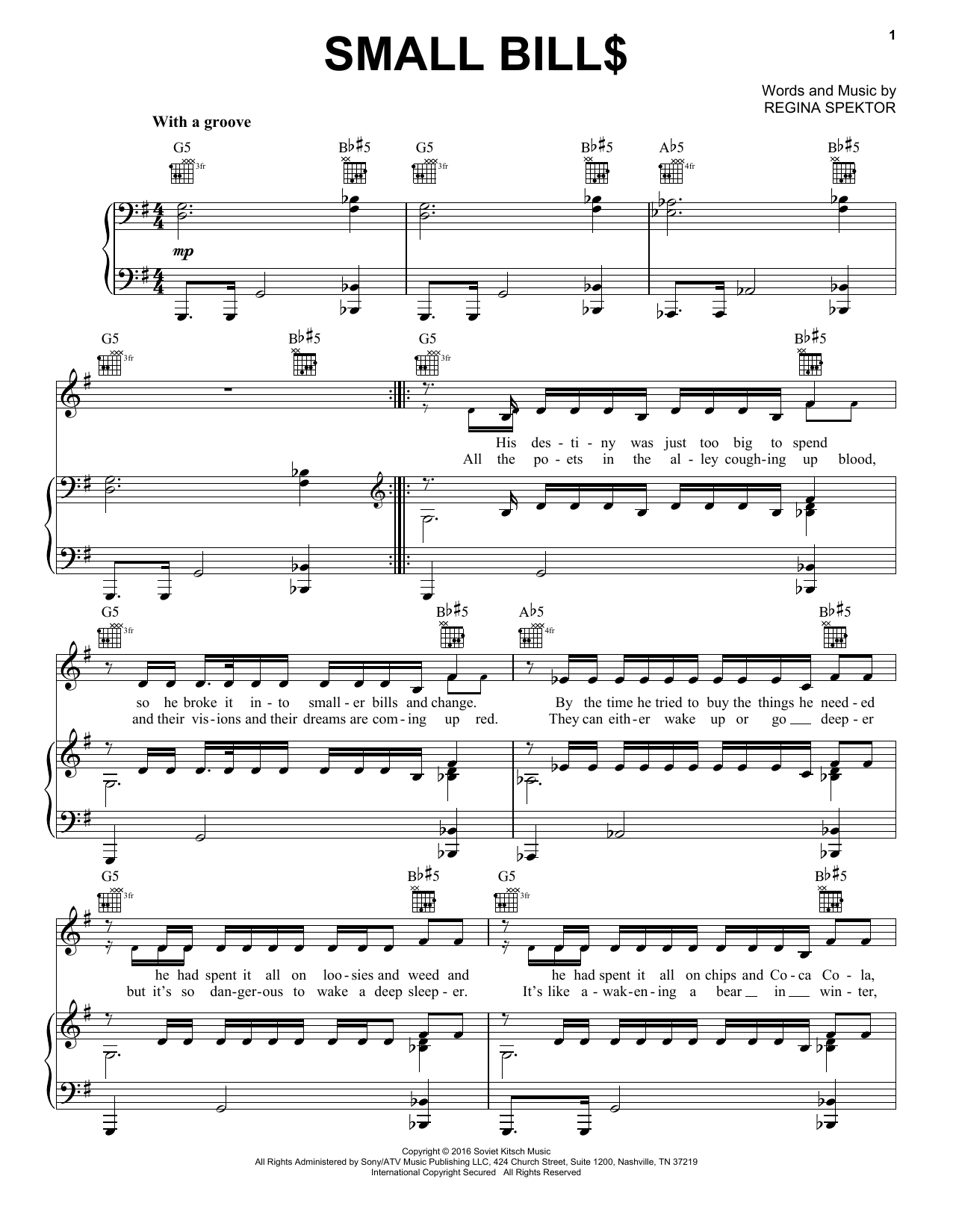 Regina Spektor Small Bill$ Sheet Music Notes & Chords for Piano, Vocal & Guitar (Right-Hand Melody) - Download or Print PDF
