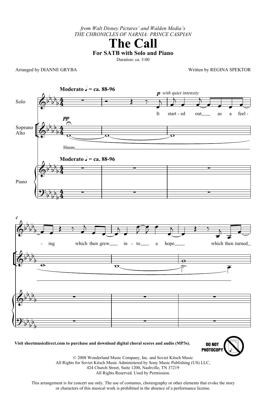 Regina Spektor The Call (from The Chronicles Of Narnia: Prince Caspian) (arr. Dianne Gryba) Sheet Music Notes & Chords for SATB Choir - Download or Print PDF