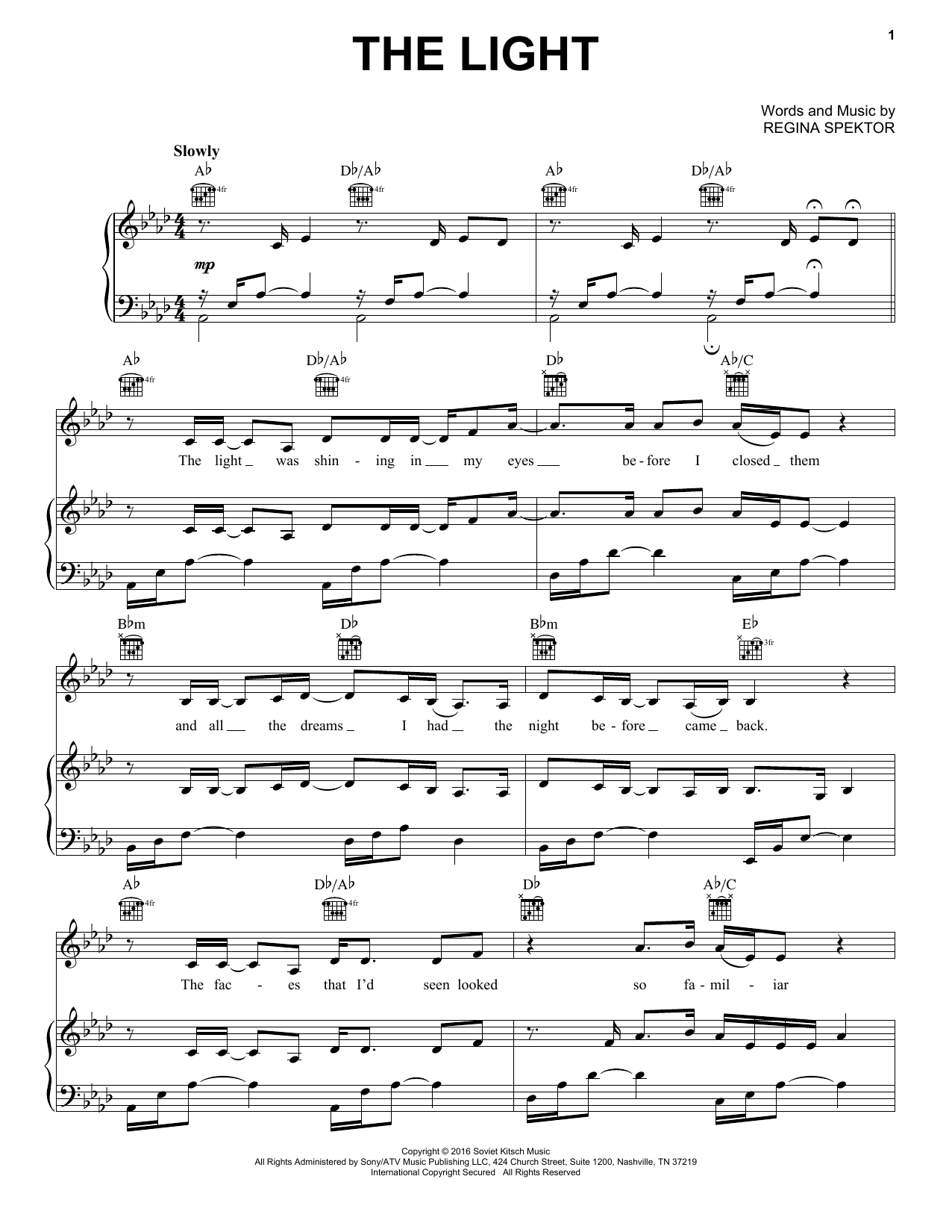 Regina Spektor The Light Sheet Music Notes & Chords for Piano, Vocal & Guitar (Right-Hand Melody) - Download or Print PDF
