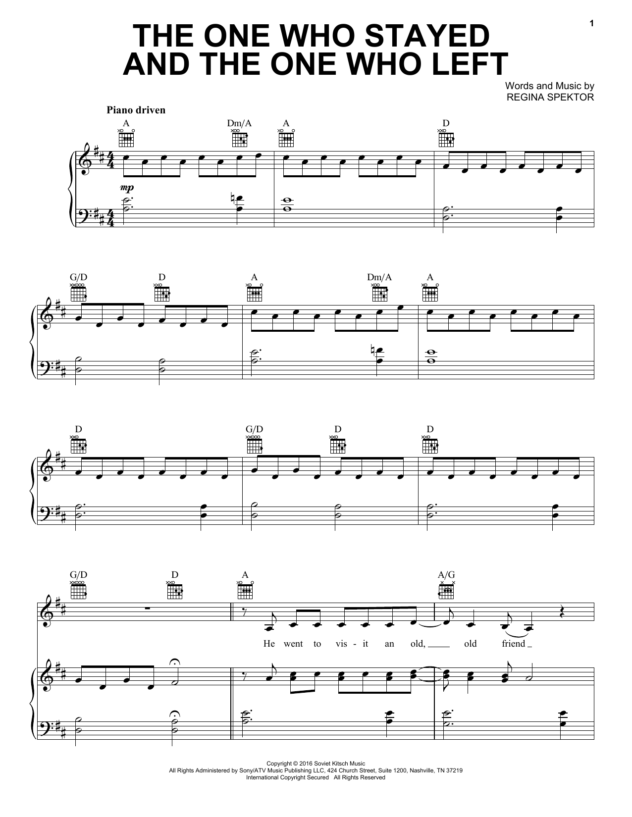 Regina Spektor The One Who Stayed And The One Who Left Sheet Music Notes & Chords for Piano, Vocal & Guitar (Right-Hand Melody) - Download or Print PDF