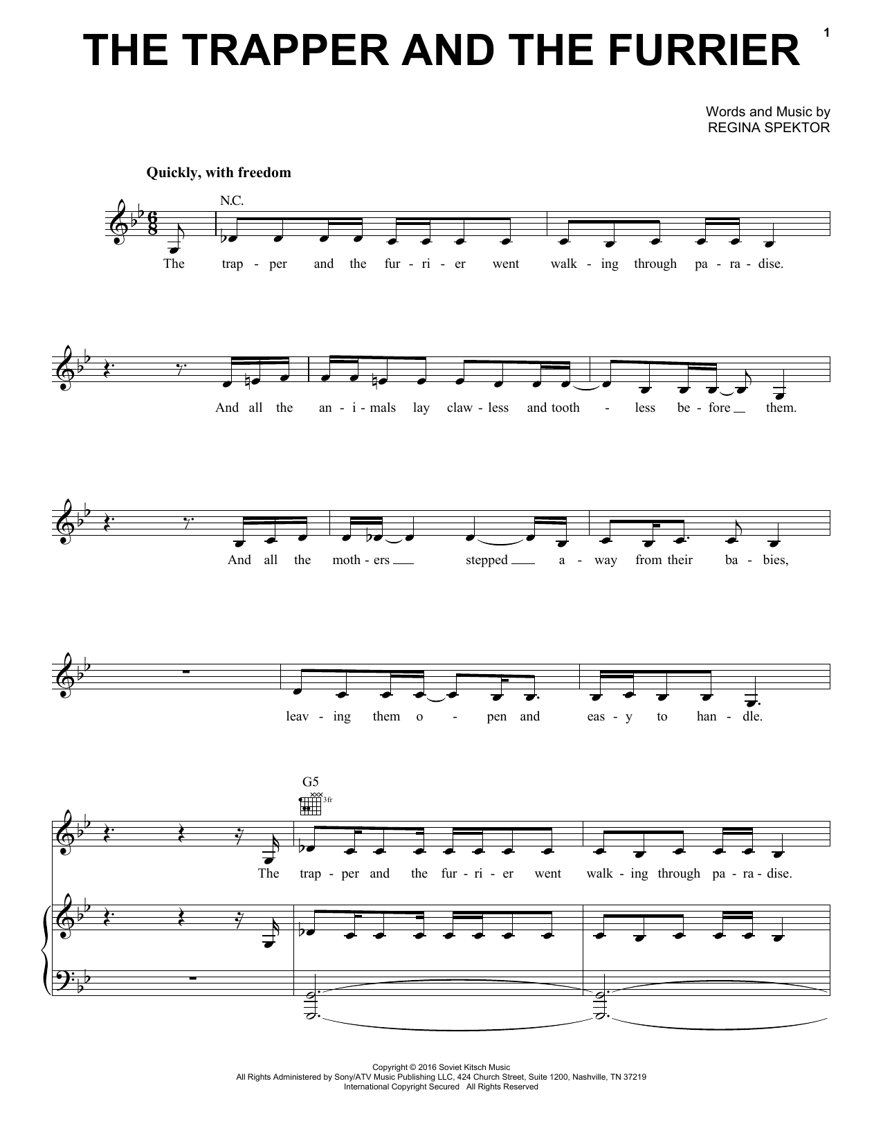 Regina Spektor The Trapper And The Furrier Sheet Music Notes & Chords for Piano, Vocal & Guitar (Right-Hand Melody) - Download or Print PDF