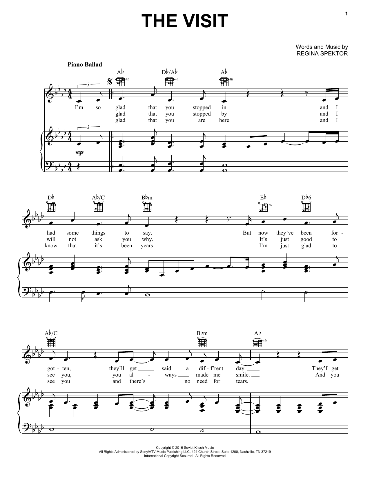 Regina Spektor The Visit Sheet Music Notes & Chords for Piano, Vocal & Guitar (Right-Hand Melody) - Download or Print PDF