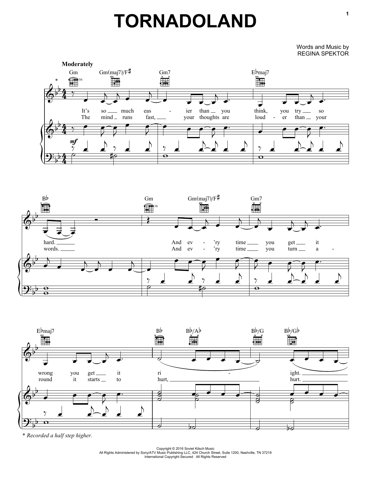Regina Spektor Tornadoland Sheet Music Notes & Chords for Piano, Vocal & Guitar (Right-Hand Melody) - Download or Print PDF