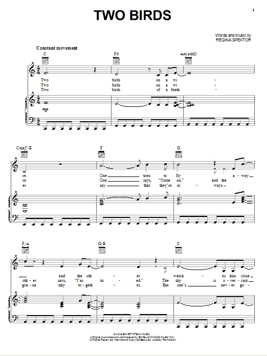Regina Spektor Two Birds Sheet Music Notes & Chords for Piano, Vocal & Guitar (Right-Hand Melody) - Download or Print PDF Regina Spektor Two Birds Sheet Music Notes & Chords for Piano, Vocal & Guitar (Right-Hand Melody) - Download or Print PDF