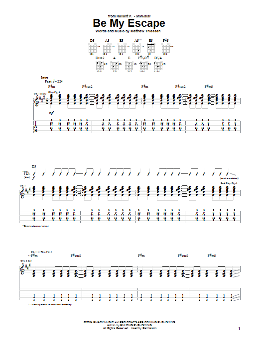 Relient K Be My Escape Sheet Music Notes & Chords for Easy Guitar Tab - Download or Print PDF