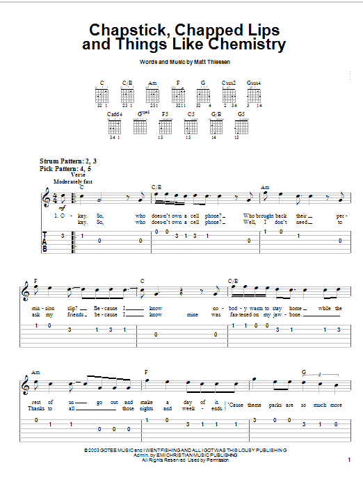 Relient K Chapstick, Chapped Lips And Things Like Chemistry Sheet Music Notes & Chords for Easy Guitar Tab - Download or Print PDF Relient K Chapstick, Chapped Lips And Things Like Chemistry Sheet Music Notes & Chords for Easy Guitar Tab - Download or Print PDF